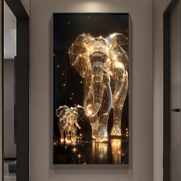 New Modern Light Luxury Living Room Decoration Painting Lamp, Elephant Hanging Painting High-end Wall Lamp With Remote Control 3 A digital artwork featuring two glowing, wireframe elephants walking on a dark background, emitting golden light.