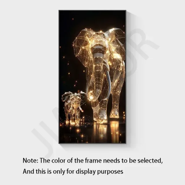 New Modern Light Luxury Living Room Decoration Painting Lamp, Elephant Hanging Painting High-end Wall Lamp With Remote Control – B 7 Illuminated art of two elephants made of wireframe lights against a dark background. Text at the bottom gives a note about frame color selection and display purposes.