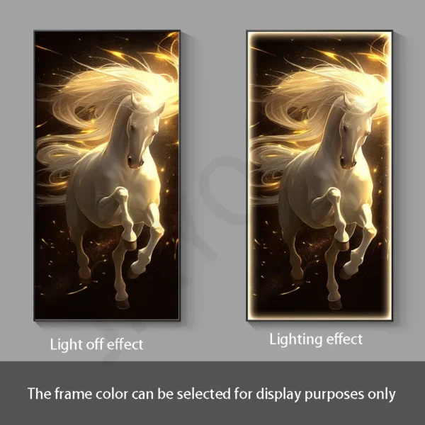 White Horse Hanging Lamps Entrance Decoration Paintings Corridor Murals Light Luxury Modern Simplicity Led Lighting Paintings – A 6 Two vertical images of a white horse framed print with lighting effects. Left: no lighting. Right: illuminated with glowing accents. Frame color is customizable.