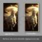 Two vertical images of a white horse framed print with lighting effects. Left: no lighting. Right: illuminated with glowing accents. Frame color is customizable.