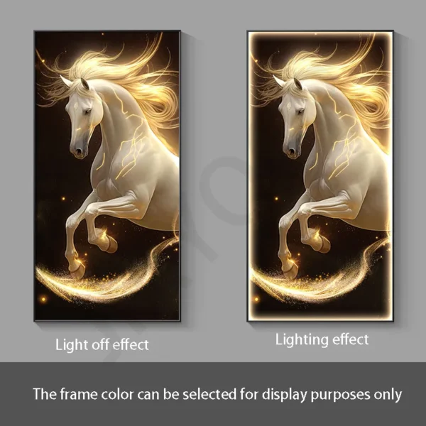 White Horse Hanging Lamps Entrance Decoration Paintings Corridor Murals Light Luxury Modern Simplicity Led Lighting Paintings – C 8 Two side-by-side images of a glowing, prancing white horse with golden mane and tail. Left image shows "Light off effect," right image shows "Lighting effect." Frame color is customizable.