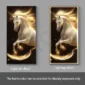Two side-by-side images of a glowing, prancing white horse with golden mane and tail. Left image shows "Light off effect," right image shows "Lighting effect." Frame color is customizable.