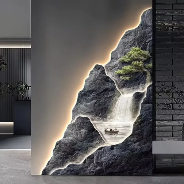 2024 New Flow Generating Wealth, Entrance Decoration Painting, High end Corridor Mural, Landscape Hanging Painting 5 Illuminated wall art depicting a rocky landscape with a waterfall, a small boat, and a tree.