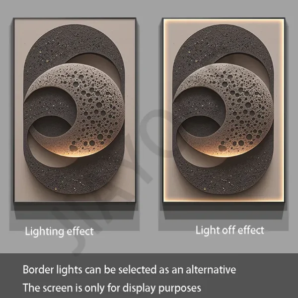 Modern Luxury LED Wall Lamp With Simple Texture Style Foyer Living Room Decoration Luminous Corridor Hanging Mural Lights – A 6 Two decorative wall panels featuring crescent moon designs with lighting effects demonstrated; left panel lit, right panel unlit. Text below highlights lighting options and display purpose.