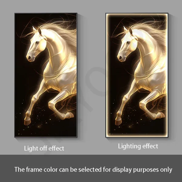 White Horse Hanging Lamps Entrance Decoration Paintings Corridor Murals Light Luxury Modern Simplicity Led Lighting Paintings – D 9 Two images of a glowing horse in a frame. Left: Light off effect. Right: Lighting effect. Background text: "The frame color can be selected for display purposes only.
