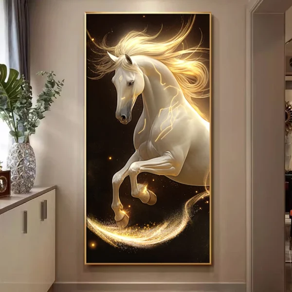 White Horse Hanging Lamps Entrance Decoration Paintings Corridor Murals Light Luxury Modern Simplicity Led Lighting Paintings 5 A framed painting of a glowing white horse with flowing mane and tail, set against a dark background, is displayed on a wall in a room with a plant and a cabinet nearby.