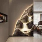 Illuminated wall art depicting a rocky waterfall scene, blending with the modern interior of a living room, featuring sleek furniture and decor.
