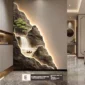 Wall design featuring a backlit landscape with a rocky waterfall and greenery, displayed in a modern interior with marble flooring and minimalistic decor.