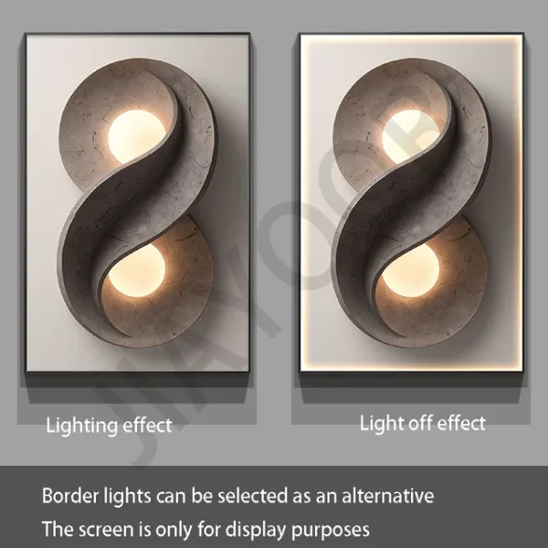 Modern Luxury LED Wall Lamp With Simple Texture Style Foyer Living Room Decoration Luminous Corridor Hanging Mural Lights – D 9 Two wall-mounted lights are shown: the left with a lighting effect, the right without. Text below states that border lights are an alternative and the screen is for display purposes.