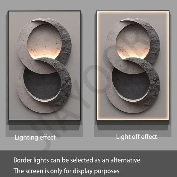 Modern Luxury LED Wall Lamp With Simple Texture Style Foyer Living Room Decoration Luminous Corridor Hanging Mural Lights – B 7 Two wall panels with circular designs. Left panel shows a lighting effect, right panel shows the same design with the light off.