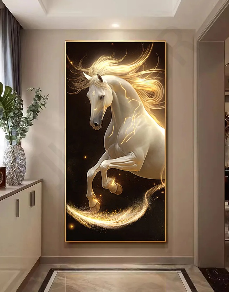 A Hose Wall Light illuminates the hallway, casting a glow on the painting of a white horse with a flowing mane and tail mid-leap, accented in gold.