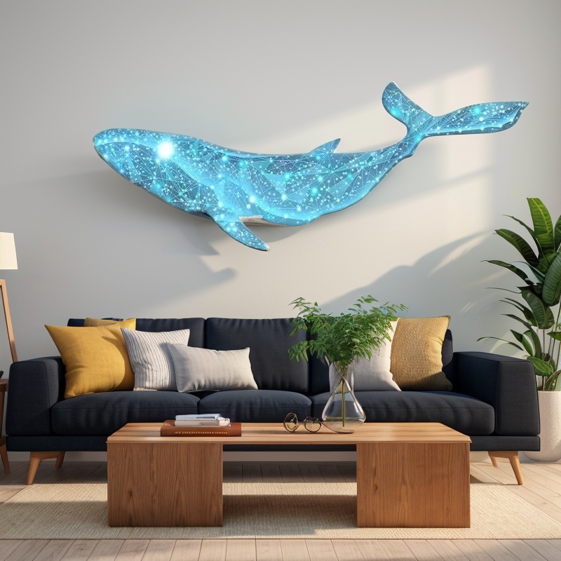 A living room with a dark sofa, wooden table, and plant. A large, decorative blue whale art piece is mounted on the wall above the sofa.