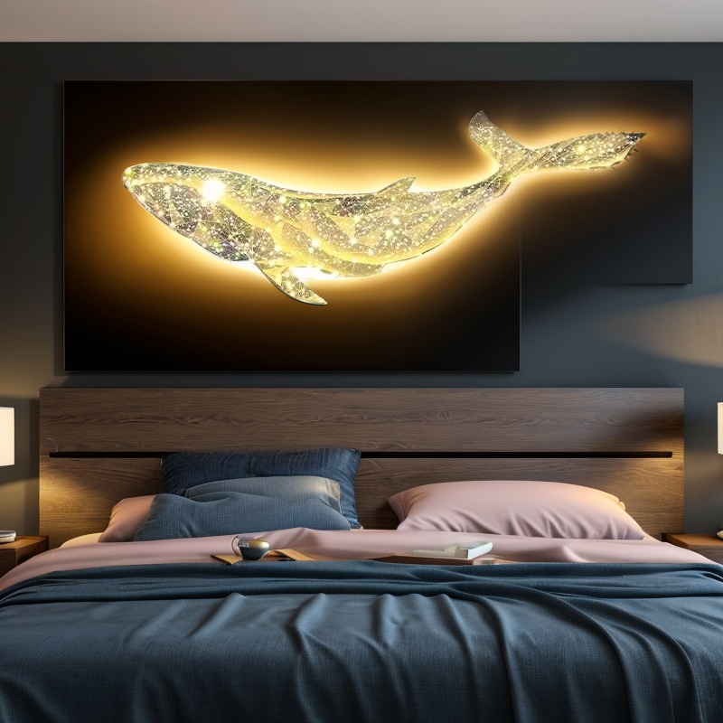 Illuminated whale artwork above a bed with pink and blue bedding in a dimly lit room.