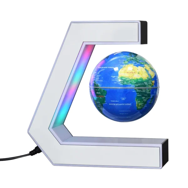 Plastic World Geography Map Rotating Globe Magnetic Levitating Floating Globe for Kids Education Home Office Desktop Decoration - Dark blue 8 A small globe levitates within a C-shaped magnetic stand that has built-in LED lights and an attached power cord.