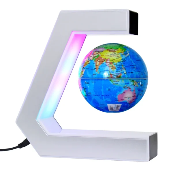 Plastic World Geography Map Rotating Globe Magnetic Levitating Floating Globe for Kids Education Home Office Desktop Decoration - Administrative blue 9 A small globe floats in midair within a C-shaped white frame that is illuminated with multicolored LED lights; a power cord is attached to the frame.