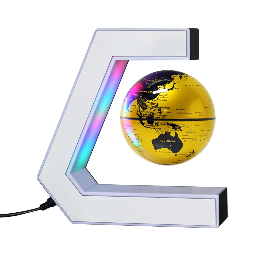 A gold-colored globe levitates and rotates within a C-shaped magnetic stand featuring built-in LED lights.